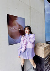 Women Pleated Ruffled Vertical Stripes Shirt